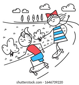 Happy guy and girl skateboarding. Fun trip. Valentines Day illustration for Valentines Day card or t-shirt. Couple in love. Simple characters.