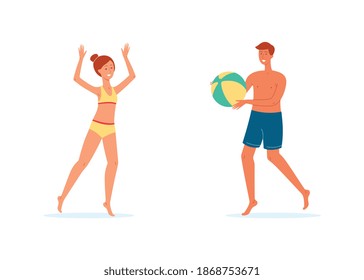 Happy guy and girl in swimsuits playing with a ball on the beach or near the pool. Summer vacation or leisure. Cartoon isolated characters. Vector flat illustration