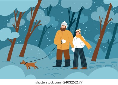 Happy guy with girl walking with dog in evening winter forest. Cartoon couple in love with pet promenades in city park, vector concept.eps
