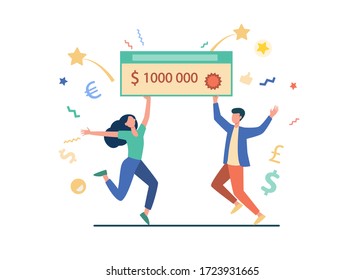 Happy guy and girl winning money prize. Jackpot winners holding bank check for one million dollars. Can be used for fortune, luck, lottery topics