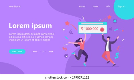 Happy guy and girl winning money prize. Jackpot winners holding bank check for one million dollars. Can be used for fortune, luck, lottery topics