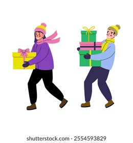 Happy guy and girl in winter clothes walking with gift boxes. Merry Christmas and Happy New Year. Vector illustration on a white background, flat.