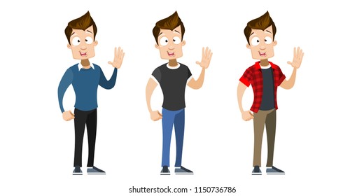 Happy guy giving five isolated set. Cute teenager character with raising hand and waving in greeting gesture. Standing cartoon personage in casual clothes. Man making high five vector illustration