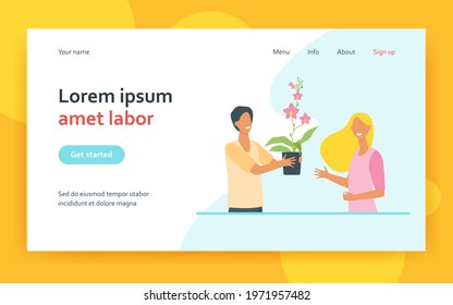 Happy guy giving home flower to girlfriend. Potted plant, houseplant, floral stem. Flat vector illustration. Florist shop, blooming, spring concept for banner, website design or landing web page