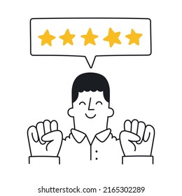 Happy guy giving a positive rating. Customer feedback, positive review. Outline, linear, thin line, doodle art. Simple style with editable stroke.