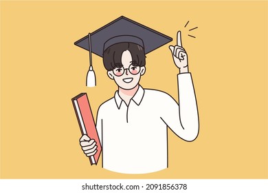 Happy Guy In Glasses And Graduation Cap Feel Overjoyed With School Or College Finish. Smiling Man Excited Proud With University Accomplishment. Education Success Concept. Vector Illustration. 