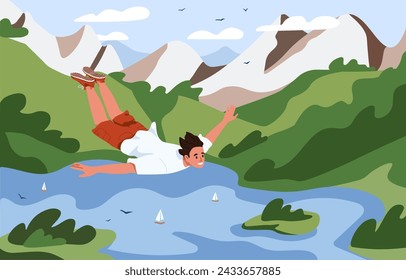 Happy guy goes land diving. Young man in extreme free falling above mountain landscape, water. Brave character jumping, flying in sky. Person flies in air. Freedom concept. Flat vector illustration