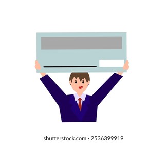 Un tipo feliz con un cheque. Ilustración plana de color simple de Vector.