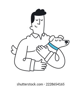 Happy guy holding hugging dog. Outline, linear, thin line, doodle art. Simple style with editable stroke.