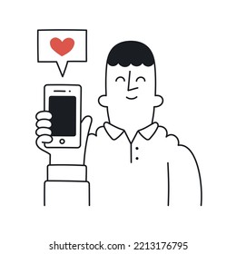 Happy guy holding a mobile phone with a dating app. Outline, linear, thin line, doodle art. Simple style with editable stroke.