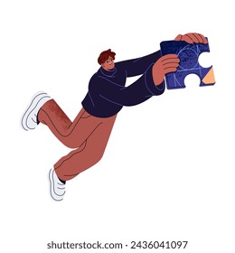 Happy guy holds jigsaw piece in hands. Young man carries puzzle, jumps, flying in air. Person offers creative idea, gives part of solution. Flat isolated vector illustration on white