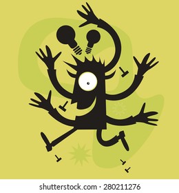 Happy guy jumping with five arms and have an idea on head, green background 