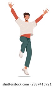 Happy guy jumping with his hands up. Modern young man at a holiday, concert, back to school. Flat cartoon vector character isolated on white background.