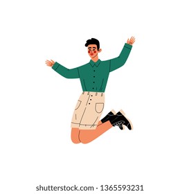 Happy Guy Jumping, Young Man Wearing Casual Clothes Celebrating Important Event, Dance Party, Friendship, Sport Concept Vector Illustration