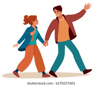 happy guy leads girl by hand for a walk. Men and women have a date. lovers hold hands and rush somewhere.