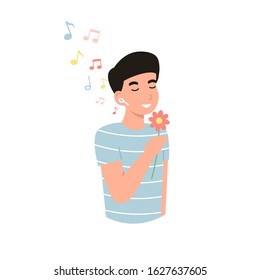 Happy guy is listening to music using wireless headphones. Flat vector modern cartoon illustration.