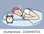 Happy guy lying in bed sleeping peacefully. Smiling calm young man relax nap in bedroom. Relaxation and daydreaming. Vector illustration.
