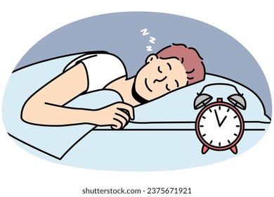 Hombre feliz tumbado en la cama durmiendo tranquilamente. Un joven sonriente y tranquilo se relaja la siesta en el dormitorio. Relajación y sueño. Ilustración vectorial.