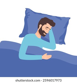 Happy guy lying in bed sleeping peacefully. Smiling calm young man relax nap in bedroom. Relaxation and daydreaming. Vector illustration