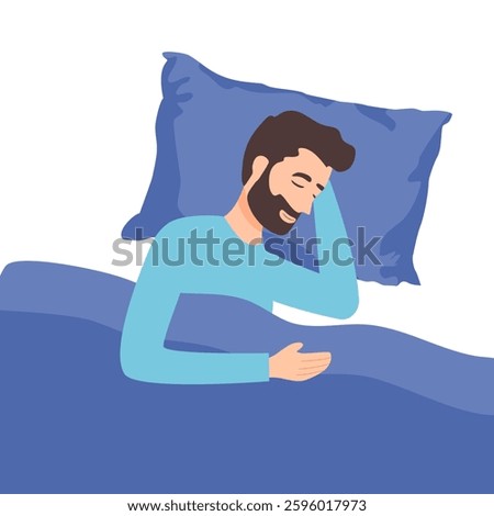 Happy guy lying in bed sleeping peacefully. Smiling calm young man relax nap in bedroom. Relaxation and daydreaming. Vector illustration