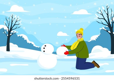 Happy guy making a snowman, holiday background. Merry Christmas and Happy New Year. Vector illustration, in cartoon flat style.