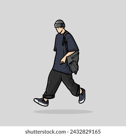 Happy guy or man or boy t-shirt bag jeans pants walk pose for good style isolated on grey background vector modern illustrations