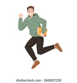 Happy guy merrily leaps or jumps with fists up. Vector man in sweater and trousers, leaping or jumping from delight, college university student in good mood, textbook, notebook or copy book in hands