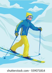 Happy guy on winter resort skiing there. Male on the ski on the background of snowy landscape. Young man skier goes down the mountain slope. Colorful vector illustration for your design and artworks.