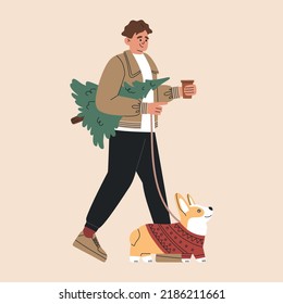 Happy guy in outerwear with corgi dog go and carry christmas tree, prepare to celebrate Xmas and New Year. Hand drawn color vector illustration isolated on light background. Flat cartoon style.