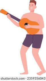 Glücklicher Typ, der am Sommerstrand Gitarre spielt. Außenparty einzeln auf weißem Hintergrund