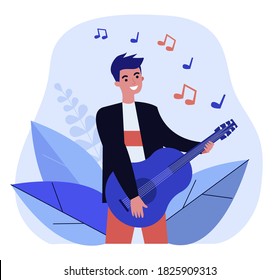 Happy guy playing guitar. Singer, musician, rocker flat vector illustration. Music, talent show, performance concert concept for banner, website design or landing web page
