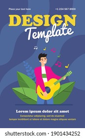 Happy guy playing guitar. Singer, musician, rocker flat vector illustration. Music, talent show, performance concert concept for banner, website design or landing web page