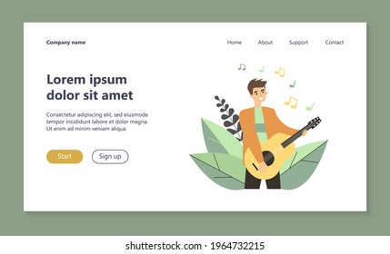 Happy guy playing guitar. Singer, musician, rocker flat vector illustration. Music, talent show, performance concert concept for banner, website design or landing web page