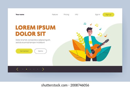 Hombre feliz tocando guitarra. Cantante, músico, rockero de ilustración vectorial plana. Música, show de talentos, concepto de concierto de performance para banner, diseño de sitios web o página web de aterrizaje