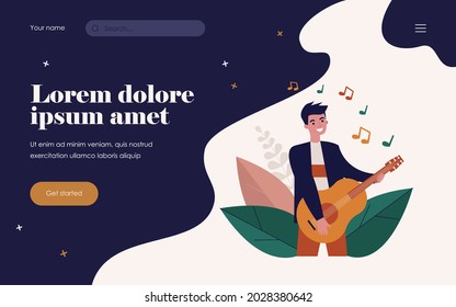 Hombre feliz tocando guitarra. Cantante, músico, rockero de ilustración vectorial plana. Música, show de talentos, concepto de concierto de performance para banner, diseño de sitios web o página web de aterrizaje