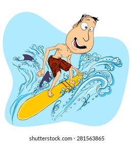 Happy guy playing on surfboard