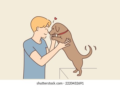 Happy guy playing with small puppy indoors. Smiling young man hug and cuddle cute dog show love and care for pet. Vector illustration. 