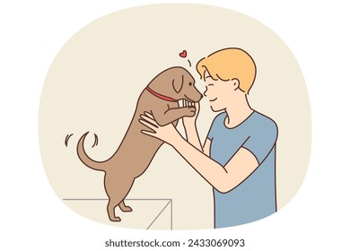 Chico feliz jugando con cachorro pequeño en el interior. El joven sonriente abraza y acaricia al perro lindo para mostrar amor y cuidado de la mascota. Ilustración vectorial.