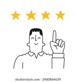 Happy guy pointing at full star rating. Good customer feedback, positive review, favorable evaluation. Simple style with editable stroke.