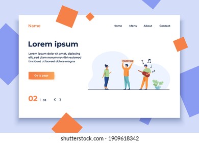 Happy guy proposing marriage to woman. Guitar, girlfriend, lover flat vector illustration. Love and relationship concept for banner, website design or landing web page
