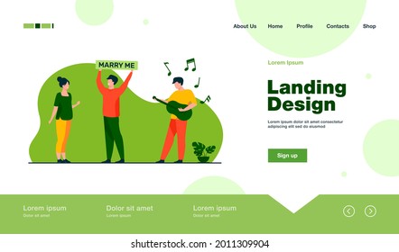 Happy guy proposing marriage to woman. Guitar, girlfriend, lover flat vector illustration. Love and relationship concept for banner, website design or landing web page