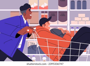 Happy guy pushes shopping cart with fellow inside. Friends riding on trolley in grocery store. People spend time together, fooling, rejoice. Friendship moments, fun leisure. Flat vector illustration