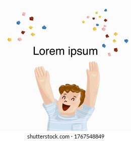 The happy guy raised his hands to the top in delight and joy, the man smiles and throws the confetti to the top. Copy space.