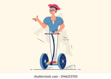 Happy guy riding electric scooter on street vector illustration. Fun spare time flat style. Summer active sports using electronic vehicles and touristic entertainment concept. Isolated on beige