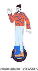 Happy guy riding electric unicycle scooter 2D linear cartoon character. Caucasian male isolated line vector person white background. Gadget man greeting gesture color flat spot illustration