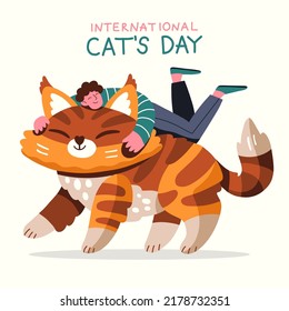 Happy guy riding and hugging huge ginger cat. Funny concept of love, care and happiness. Cat day. Full length male character with a pet. Flat hand drawn cartoon vector illustration
