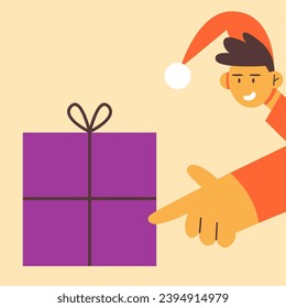 Happy guy in Santa Hat Preparing xmas gift. Christmas and New Year 2024 celebration. Flat vector illustration in cartoon style.