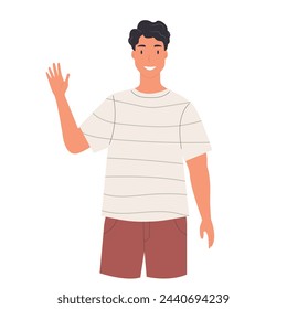 Happy guy saying hello and waving. Vector illustration. Flat design. Isolated on white background	