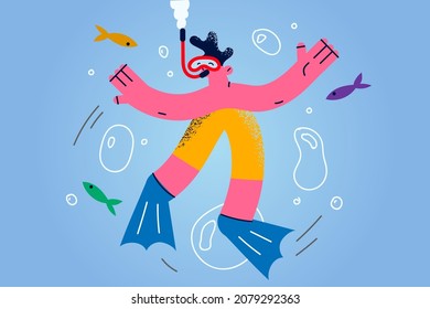 Happy guy in scuba diving in ocean on summer holidays. Smiling boy in swimwear and swim fins snorkeling under water enjoy marine activity on vacation. Active weekend. Flat vector illustration. 