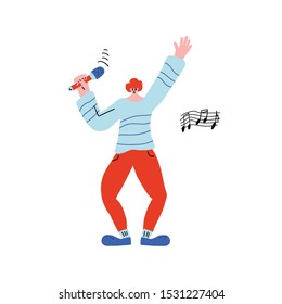 Happy guy singing isolated on white background. Singer standing with mike. Cute male character having fun with microphone. Vector illustartion.